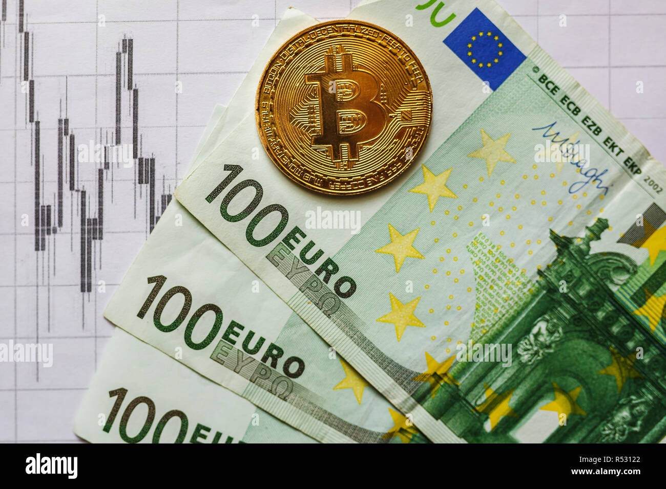 Virtual Money Golden Bitcoin On Hundred Euro Bills And On Paper - 